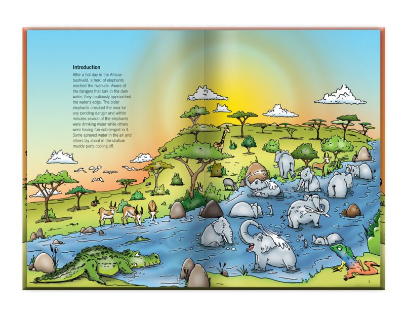 children's illustration story book about the adventures of Pindi the little elephant