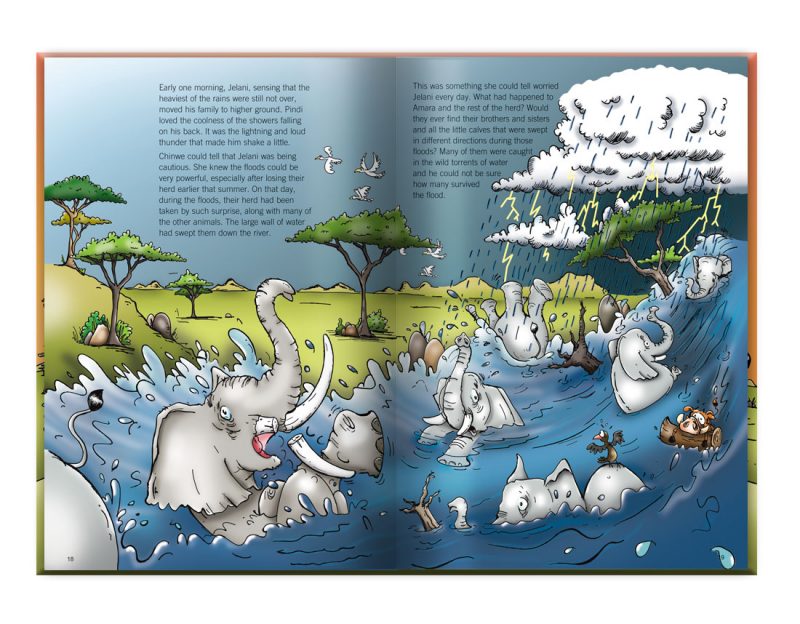 children's illustration story book about the adventures of Pindi the little elephant